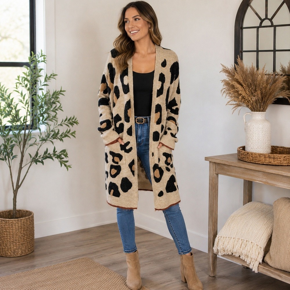 Jodifl Leopard Print Open Front Duster Cardigan Longline Fuzzy Knit Womens Large